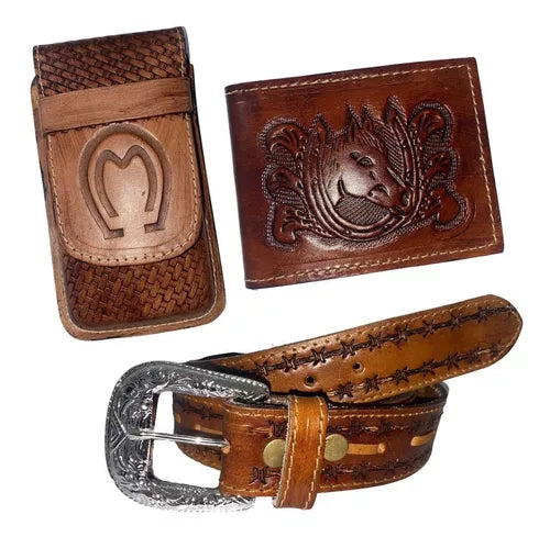 Kit Cowboy Country Cinto + Carteira + Capa Bainha De Celular