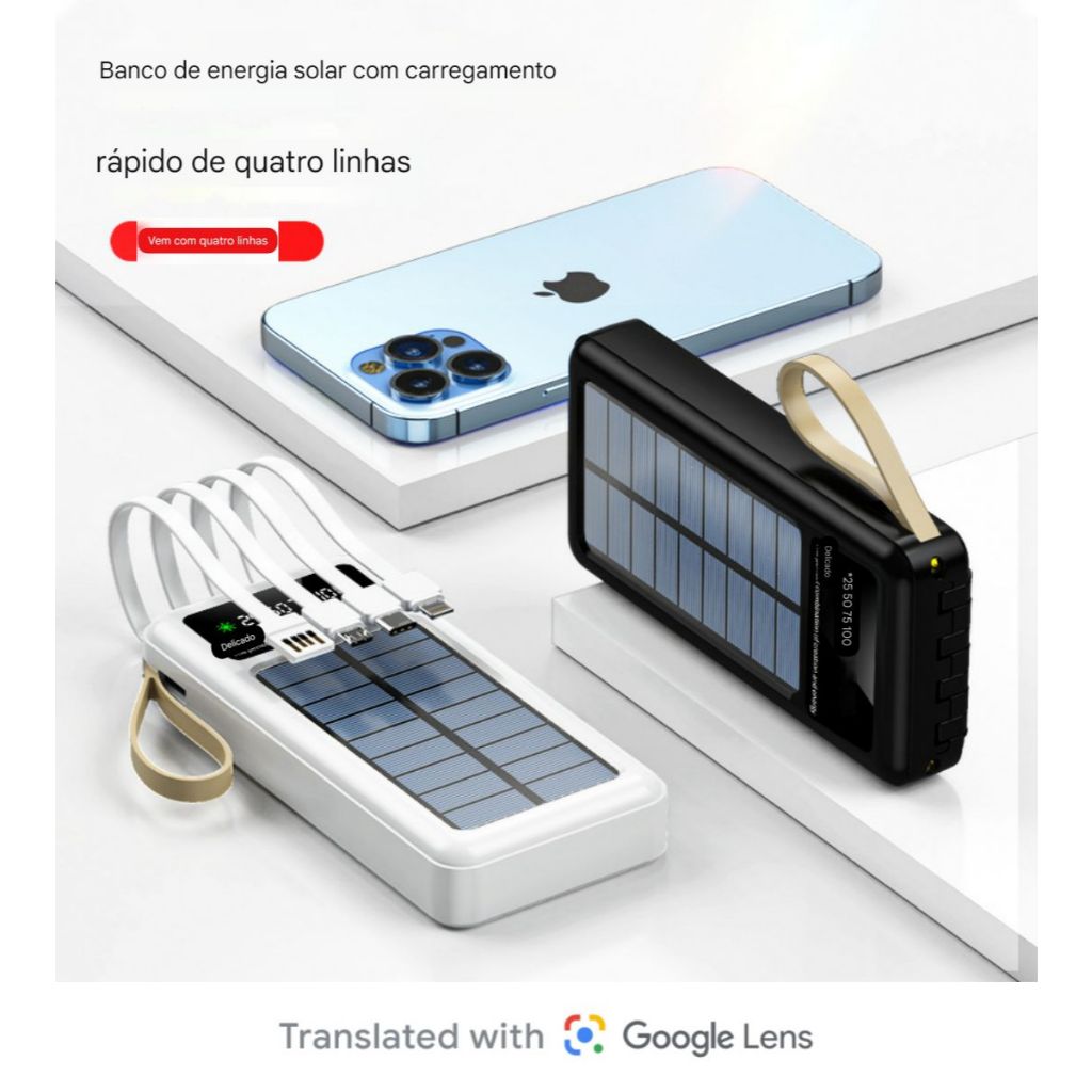 Carregador Portátil Power Bank Solar 10.000mah Com cabos 5 Em1 LED lanterna