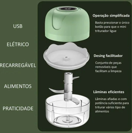 Mini Processador Elétrico de Alimentos Portátil com 3 lâminas